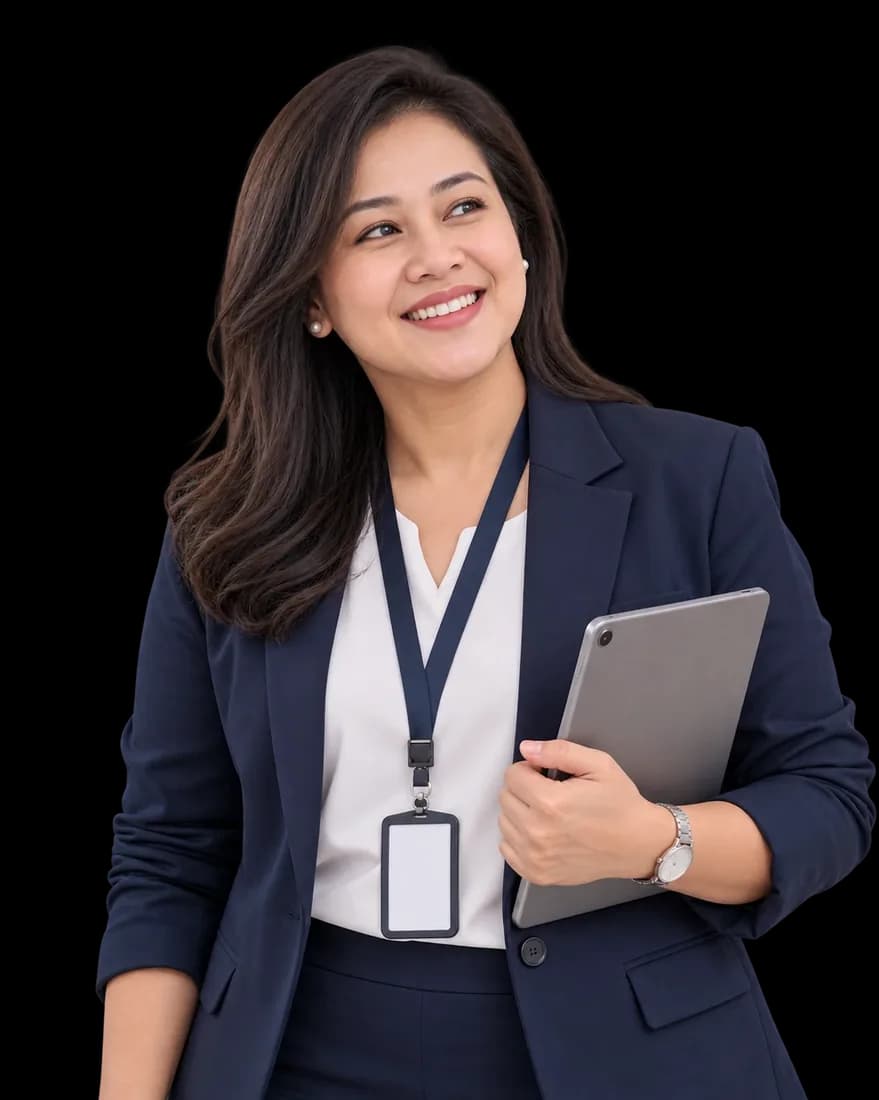 Seorang manajer fasilitas tersenyum sambil memegang tablet