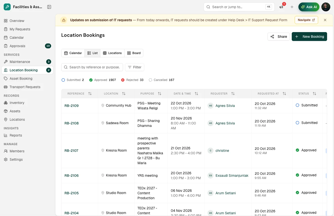 Relyant Location Bookings: a list of room bookings with location, purpose, date and approval status