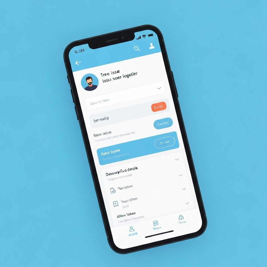 Mobile issue logging and tracking interface showing request submission, status updates, and resolution workflow