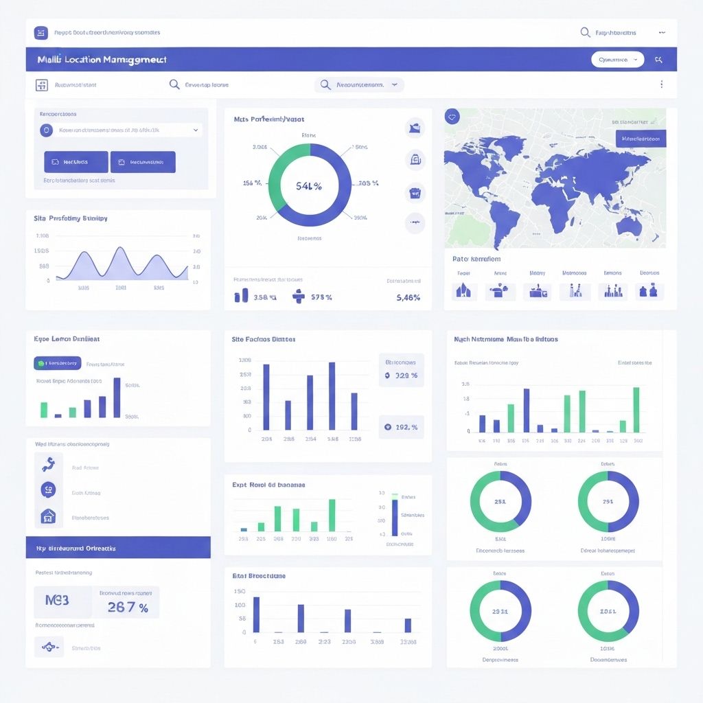 Multi location management interface showing operations across multiple sites with centralized dashboard
